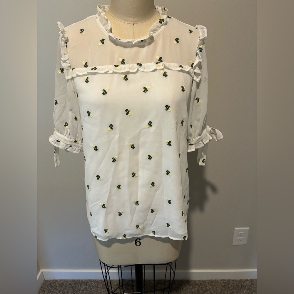 CeCe embroidered ruffle neck blouse